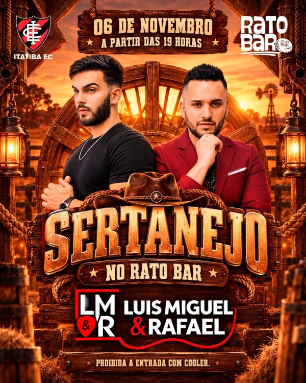 Sertanejo no Rato Bar com Luis Miguel & Rafael, 6 de novembro, a partir das 19h, no Itatiba EC